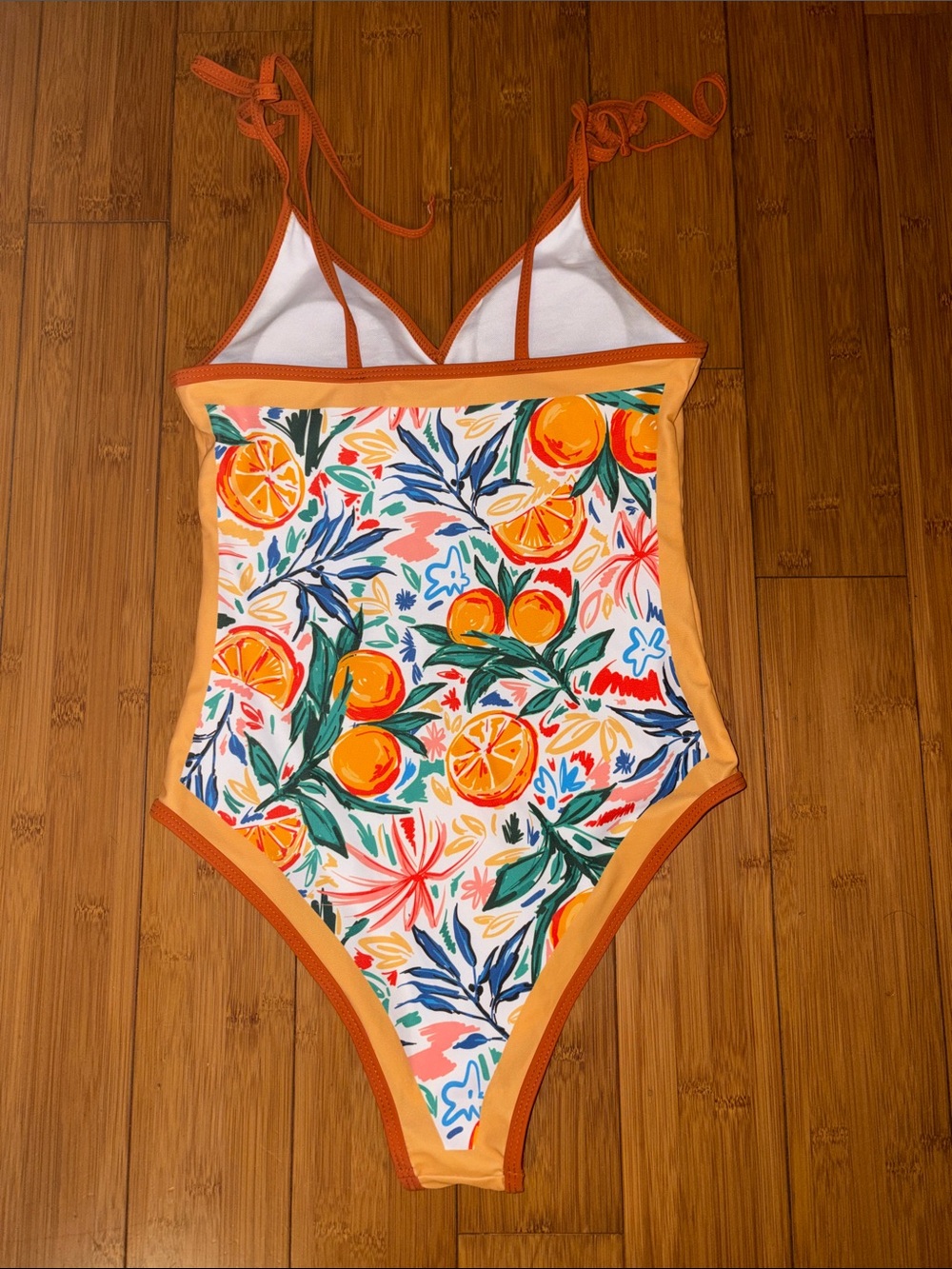 Girls Orange Citrus-Print One-Piece Swimsuit with Tie Straps - Picture 3 of 5